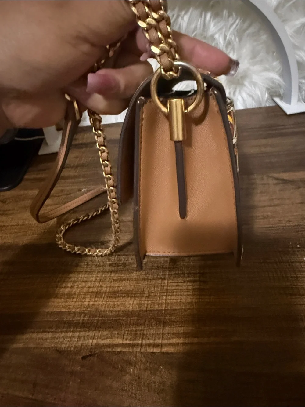 Tory Burch Geometric Print Chain Crossbody in Brown and Yellow